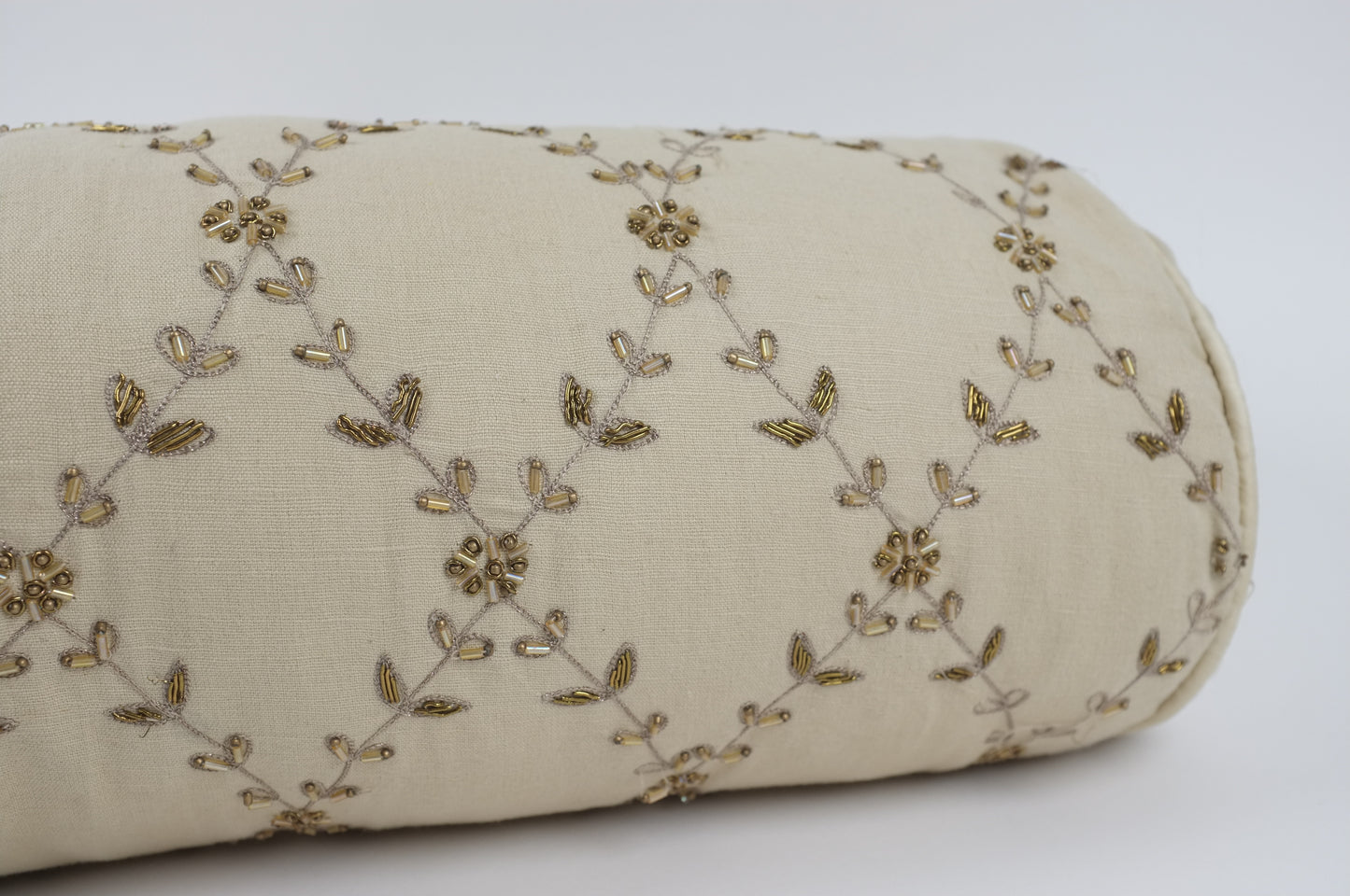 Ecru with Floral Crosshatch Embroidery Lumbar Pillow