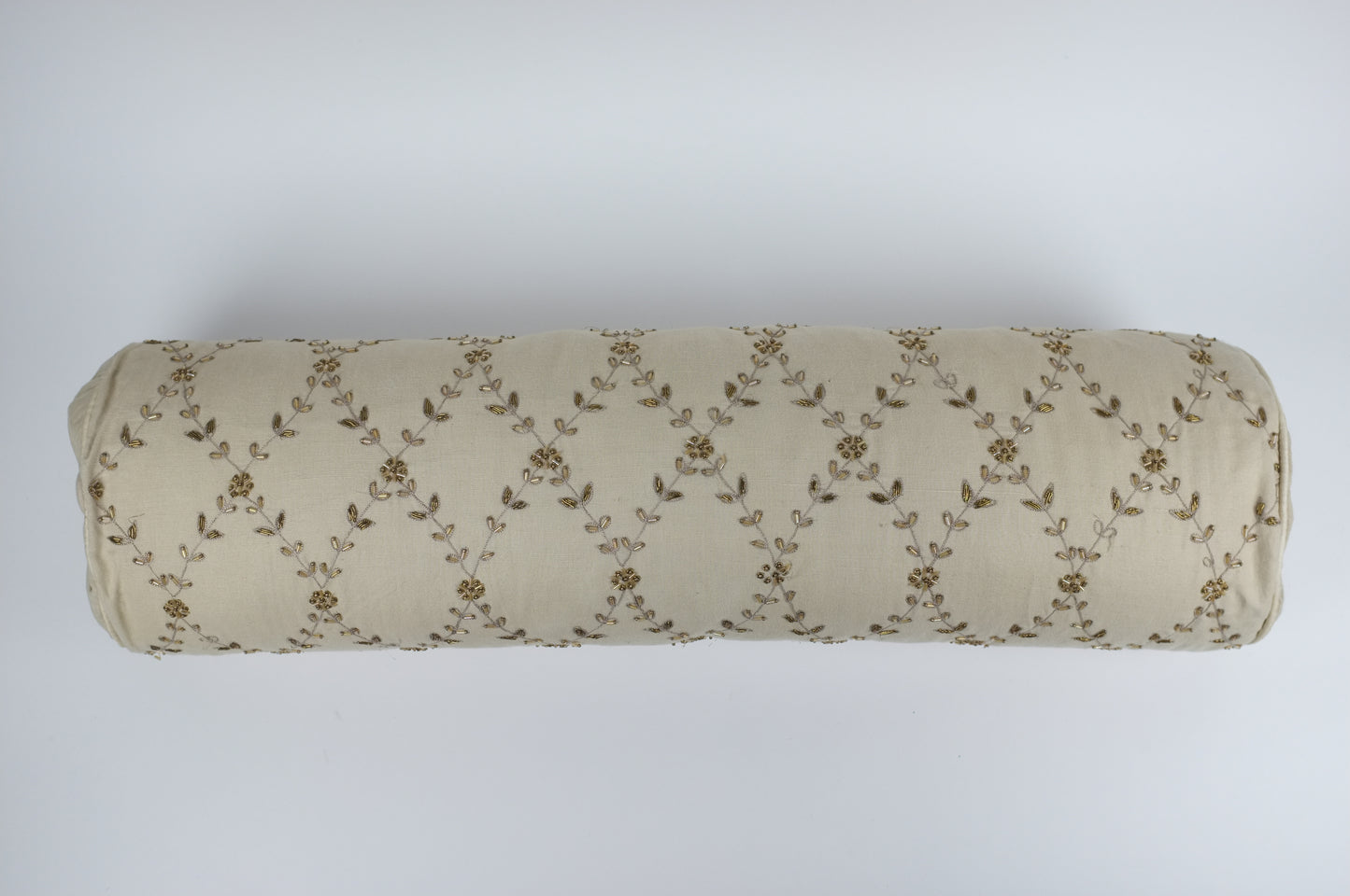 Ecru with Floral Crosshatch Embroidery Lumbar Pillow