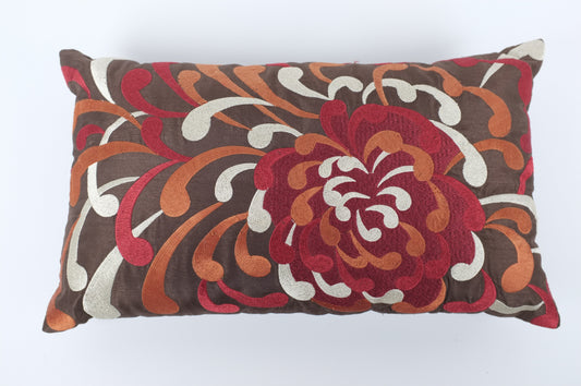 Brown with Red/White/Orange Peony Lumbar Pillow