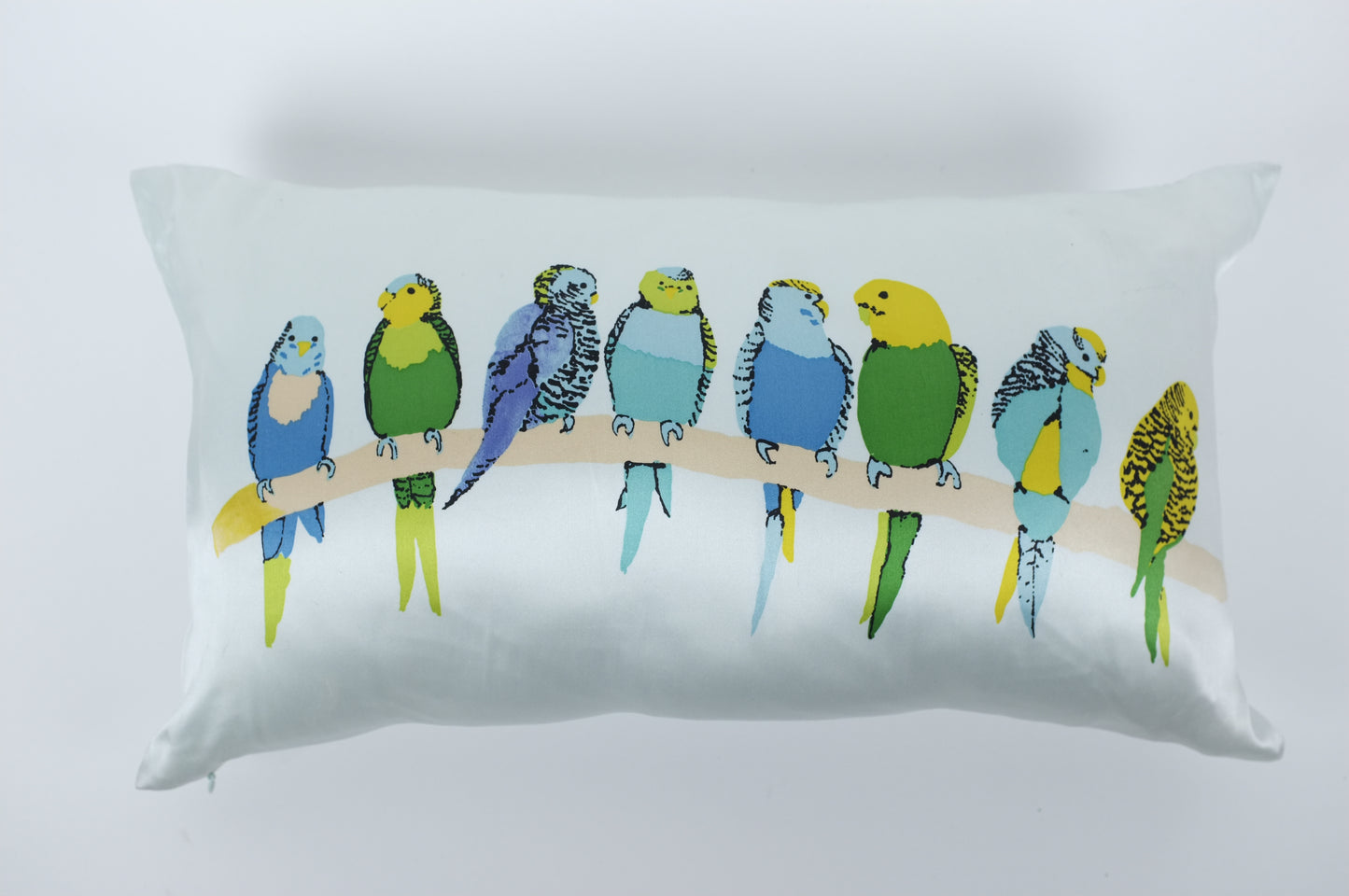 White Satin with Parakeets Lumbar Pillow