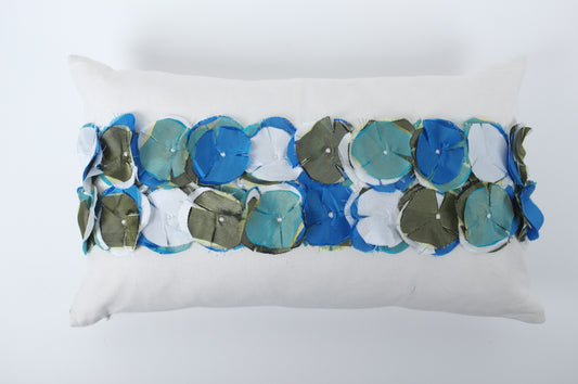 White with Blue Tone Circle Rosettes Lumbar Pillow