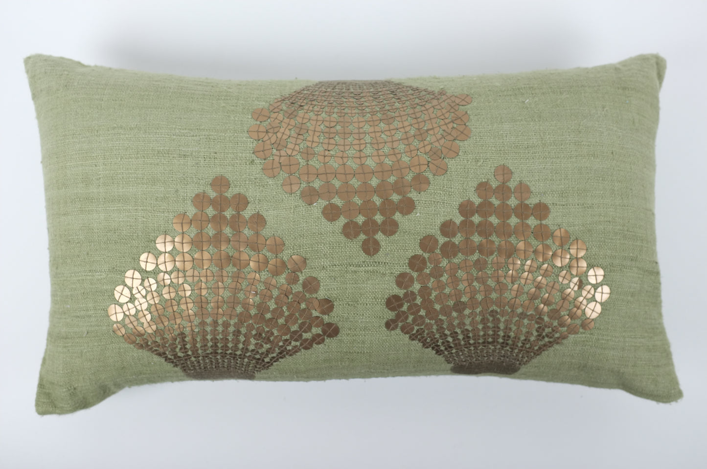 Sage with Three Bronze Sequin Flowers Lumbar Pillow