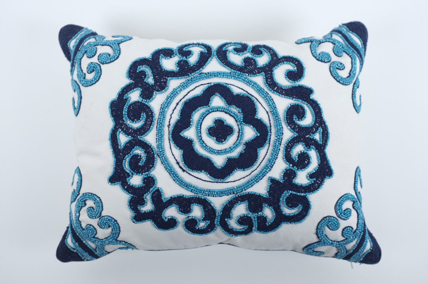 White with Blue Circle Arabesque Lumbar Pillow