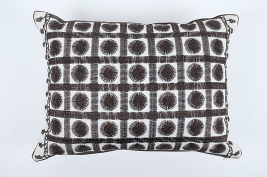 White and Black Embroidered Grid Circles Lumbar Pillow