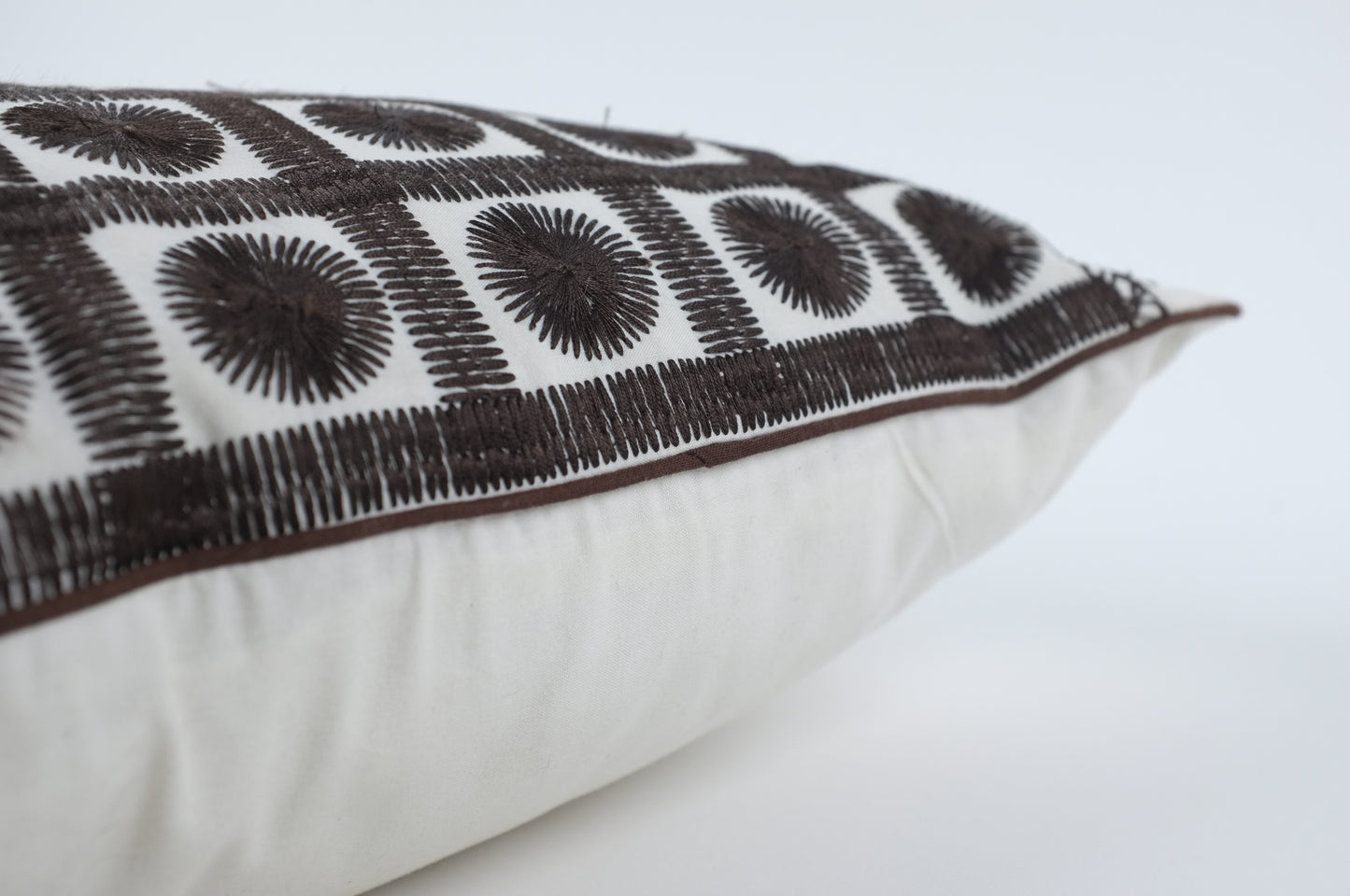 White and Black Embroidered Grid Circles Lumbar Pillow