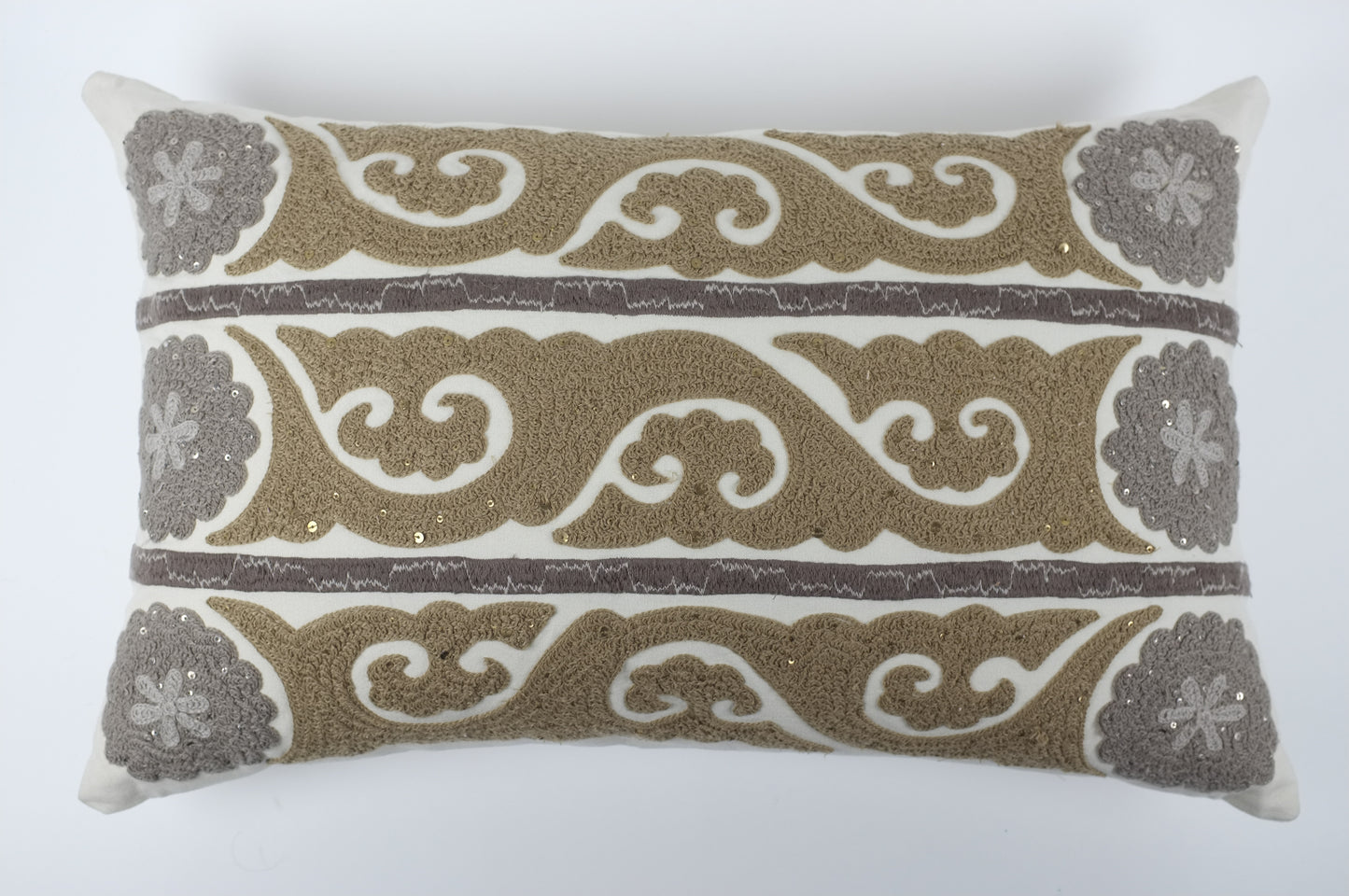 Ecru/Olive/Grey Embroidered Arabesque Stripes Lumbar Pillow