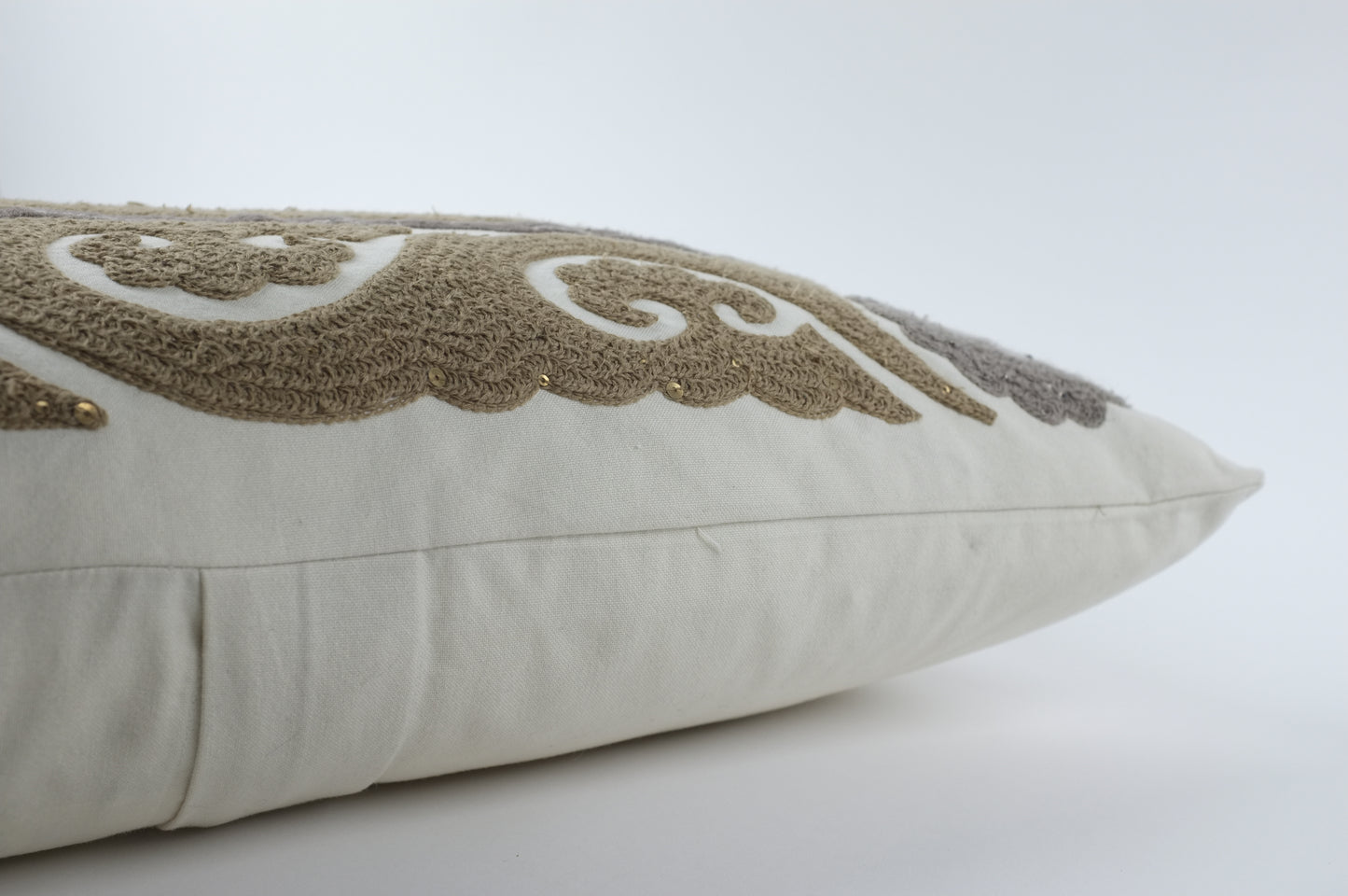 Ecru/Olive/Grey Embroidered Arabesque Stripes Lumbar Pillow