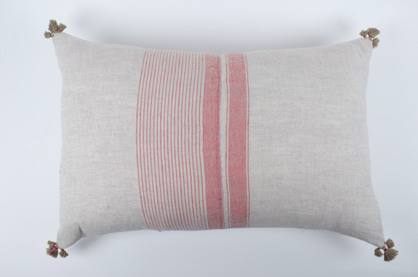 Grey with Red Turkish Towel Stripes and Tassels Lumbar Pillow