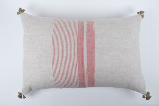 Grey with Red Turkish Towel Stripes and Tassels Lumbar Pillow