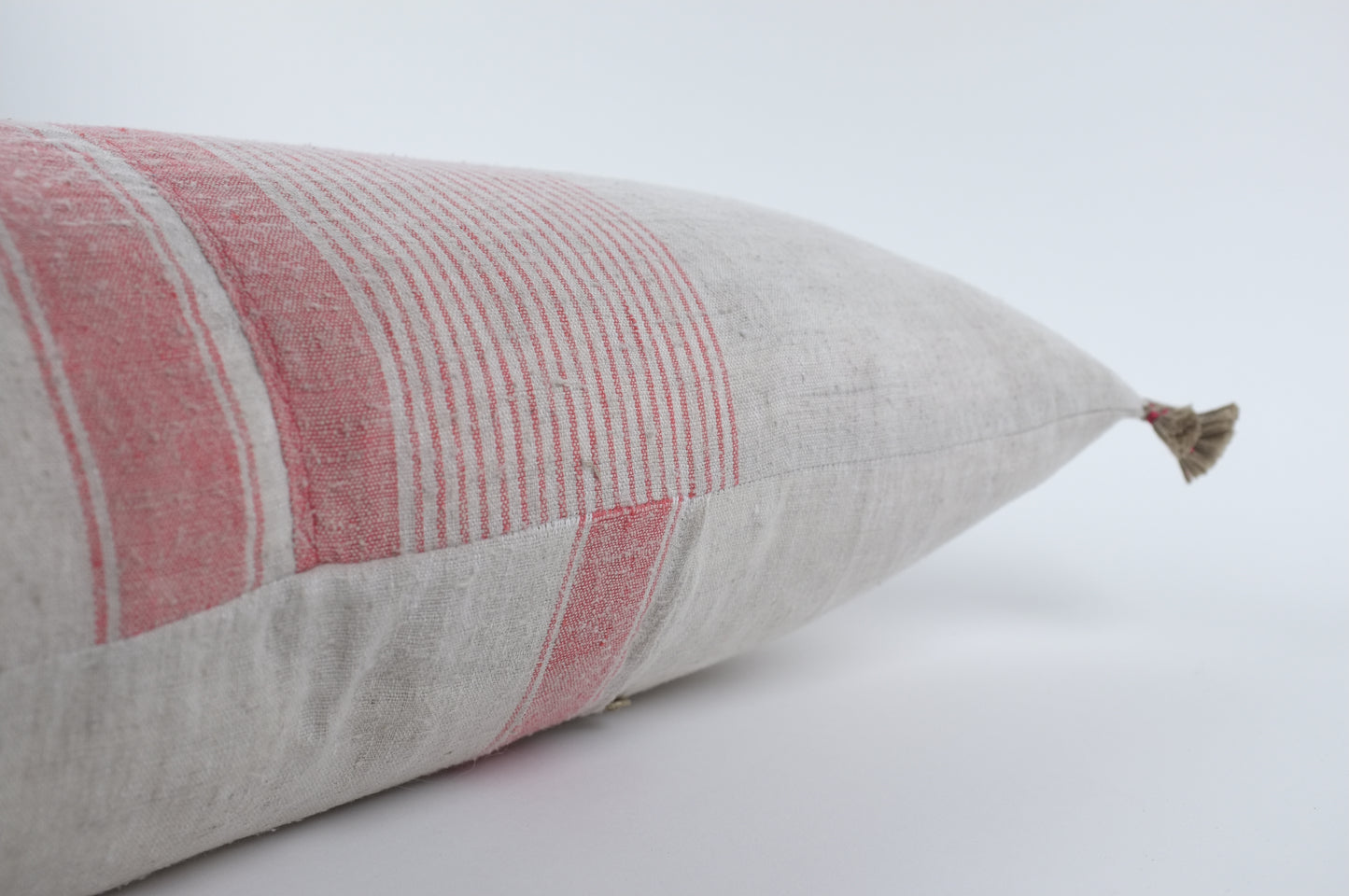 Grey with Red Turkish Towel Stripes and Tassels Lumbar Pillow