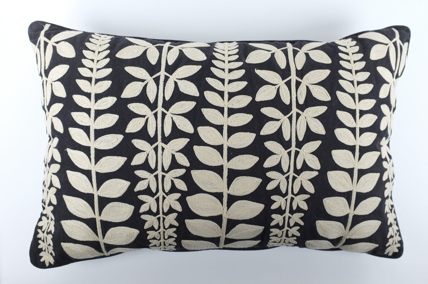 Black with Bold Ecru Leaves Lumbar Pillow