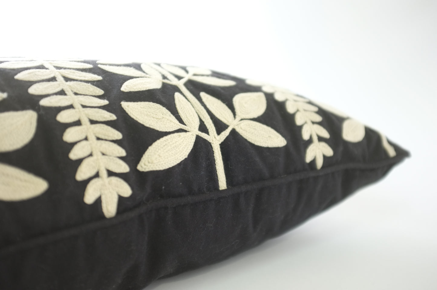 Black with Bold Ecru Leaves Lumbar Pillow