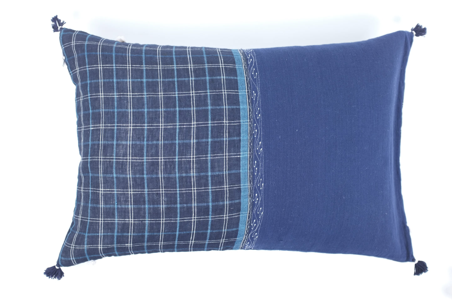 Navy Blue Half Plaid with Tassels Lumbar Pillow