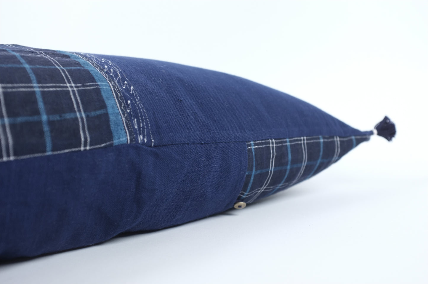 Navy Blue Half Plaid with Tassels Lumbar Pillow