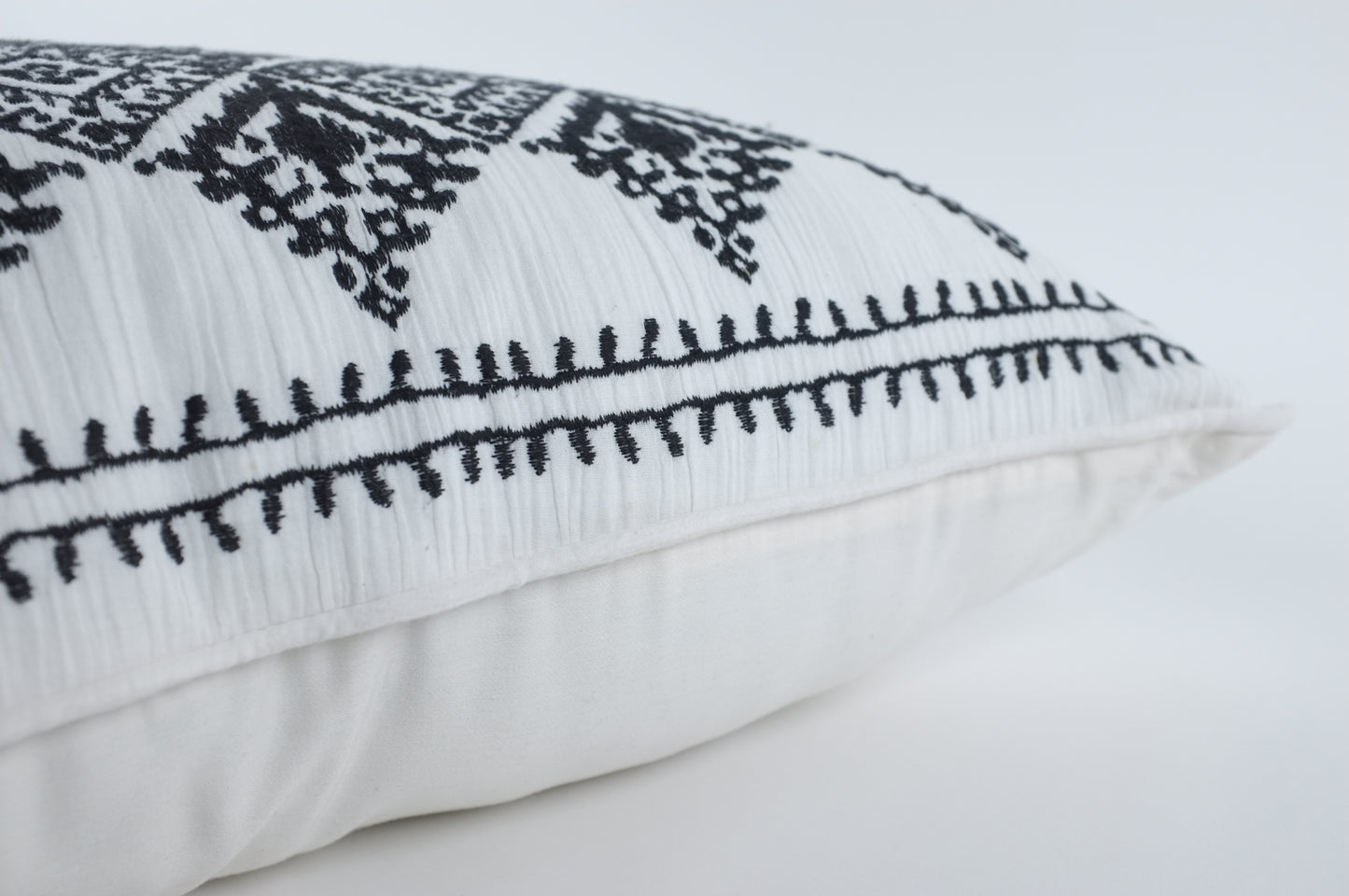 White/Black Diamond Stitched Florals Lumbar Pillow