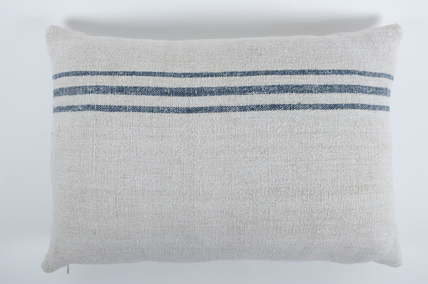 Off White French Linen Lumbar Pillow w/ Three Blue Stripes