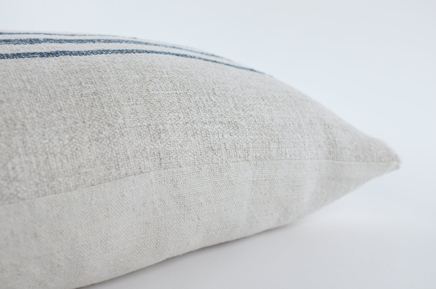 Off White French Linen Lumbar Pillow w/ Three Blue Stripes