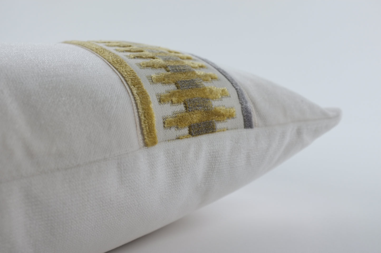 Ecru with Yellow and Gray Side Bands, Velvet Lumbar Pillow