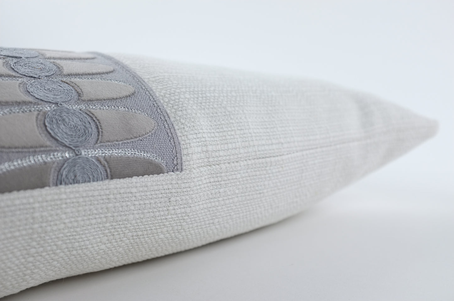 White Velvet with Gray & Pale Blue Band Lumbar Pillow