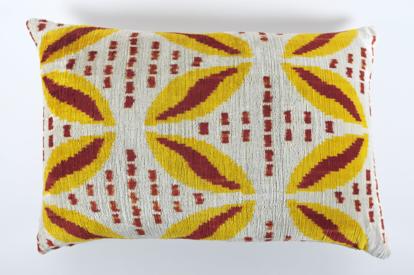 Ecru with Yellow and Maroon Silk Velvet Lumbar Pillow