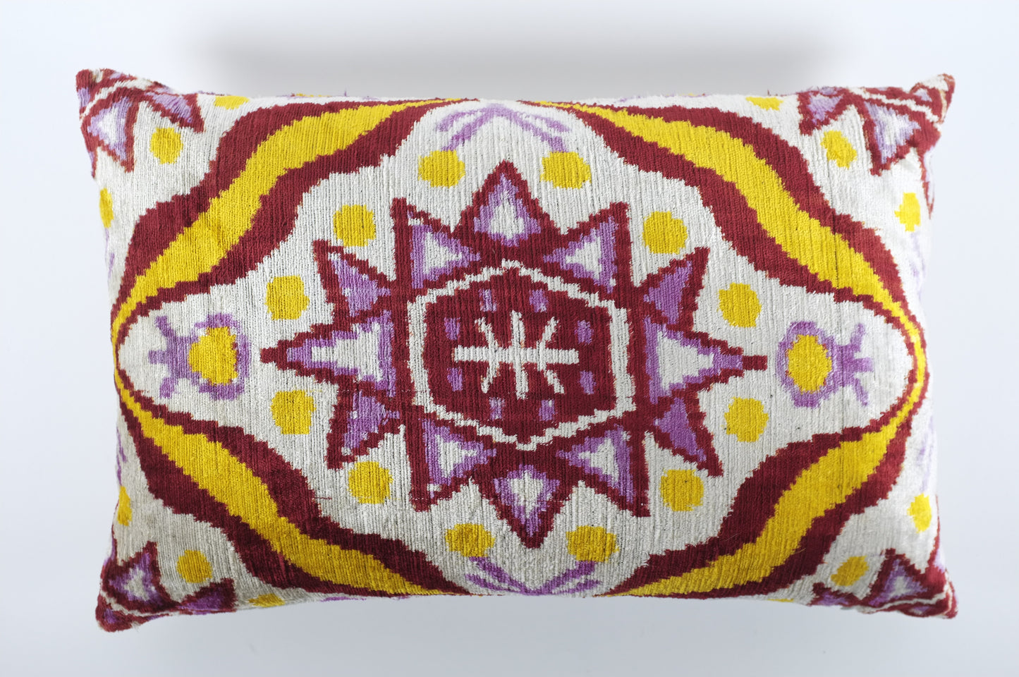 Ecru with Yellow and Maroon Sun Silk Velvet Lumbar Pillow