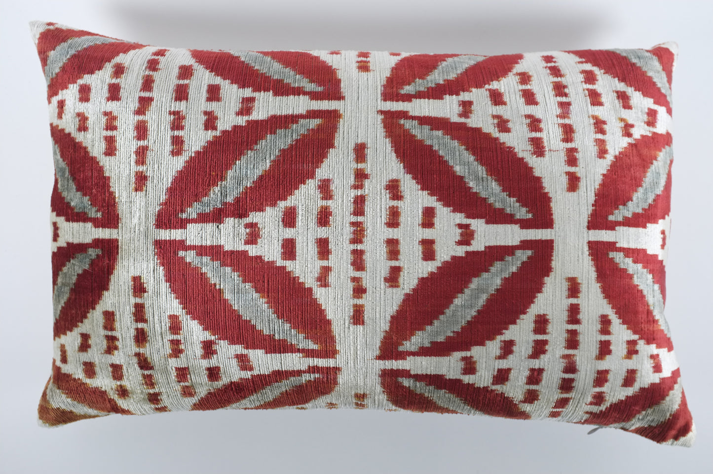 Velvety Grey with Red/Grey Silk Velvet Lumbar Pillow