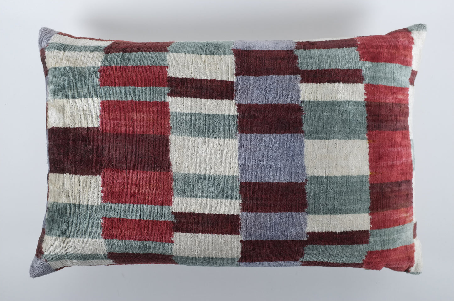 White/Grey/Red Abstract Plaid Silk Velvet Lumbar Pillow