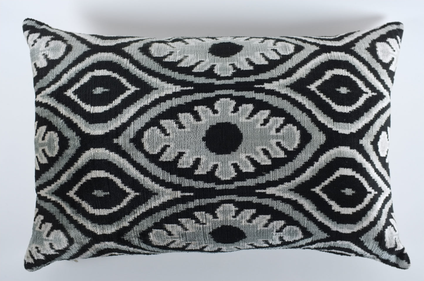 Silver and Black Leaves and Diamonds Silk Velvet Lumbar Pillow