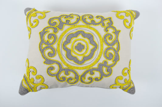 White with Grey and Yellow Radial Arabesque Lumbar Pillow