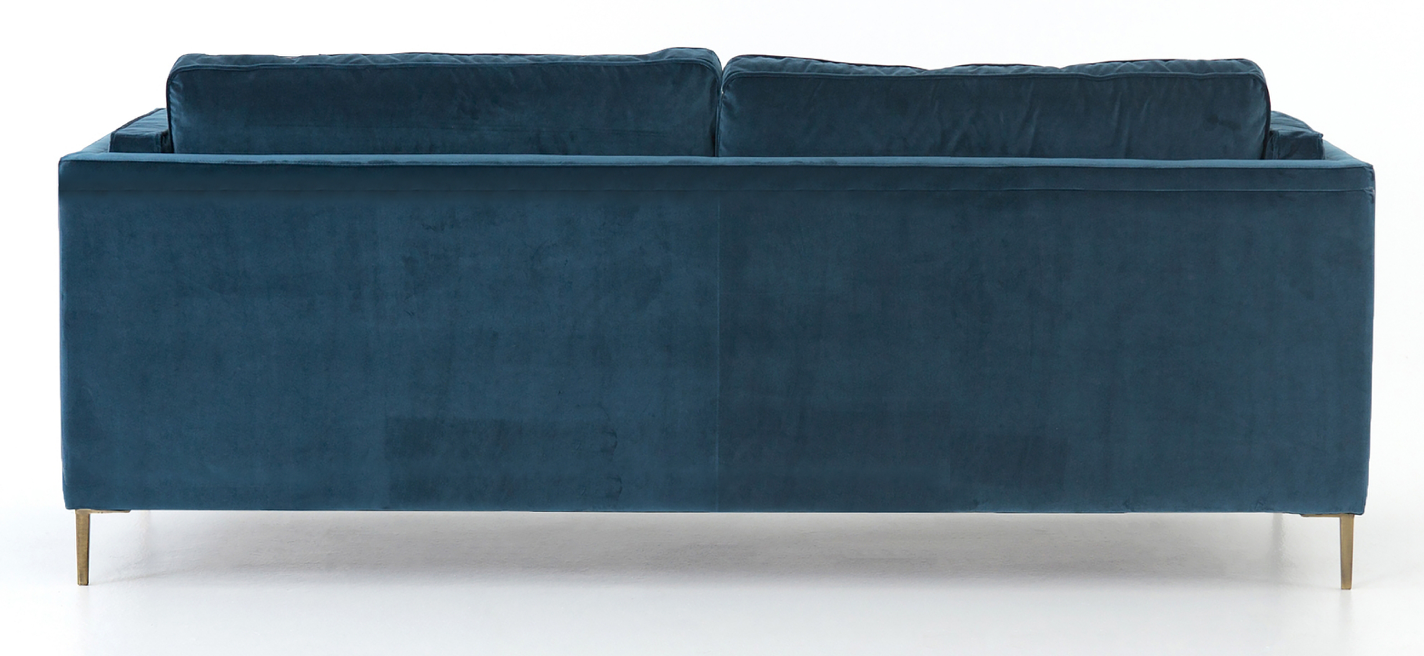 Sapphire / teal blue velvet sofa with brass legs, mid-century styling