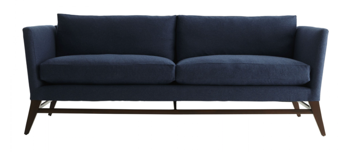 Indigo flannel sofa, dark walnut wood frame