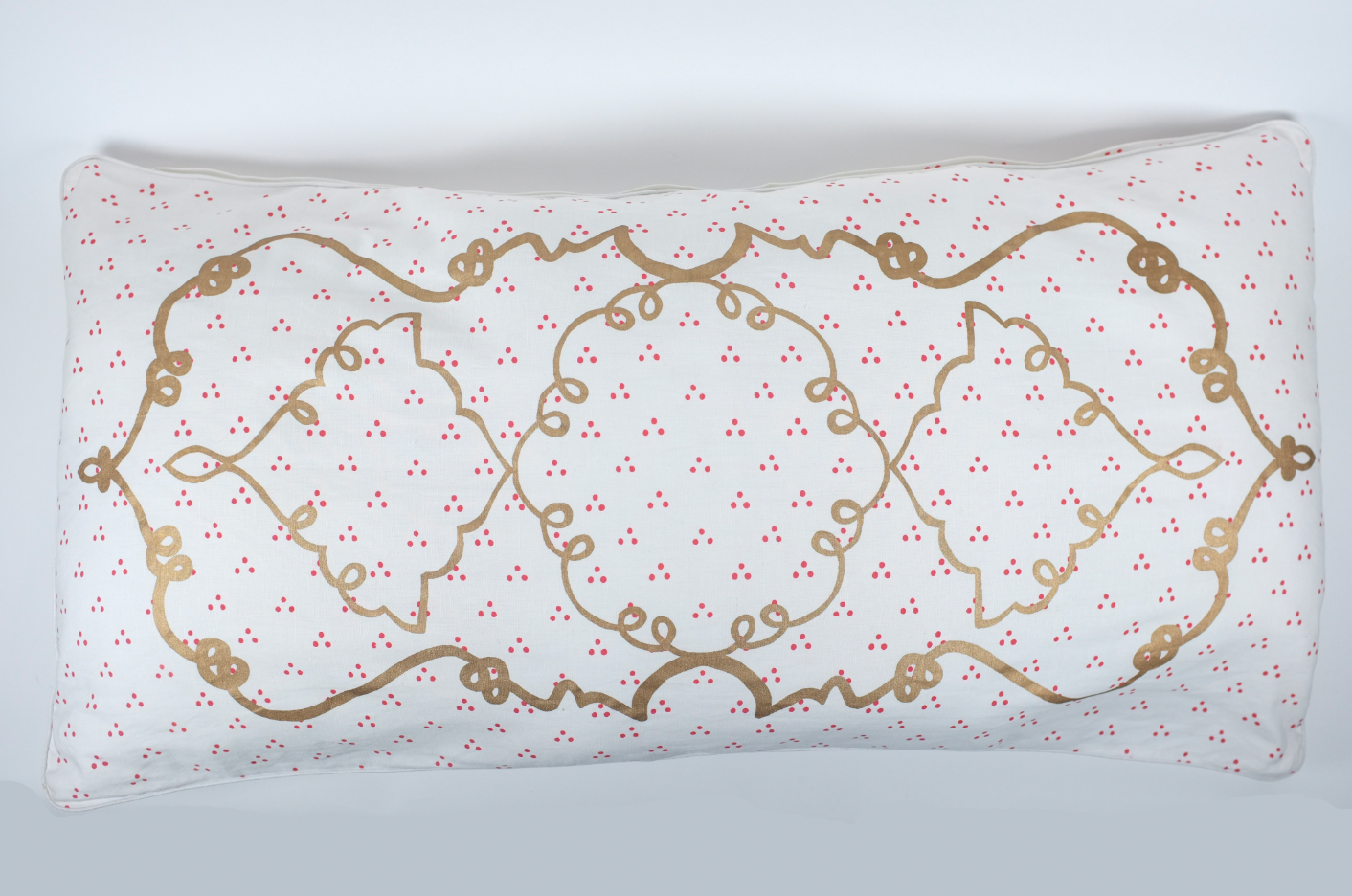 Jumbo White with Red Dots and Gold Arabesque Lumbar Pillow