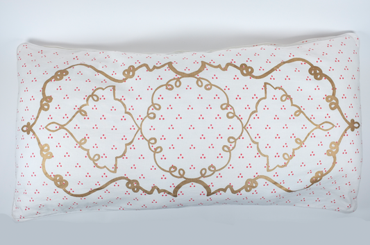 Jumbo White with Red Dots and Gold Arabesque Lumbar Pillow