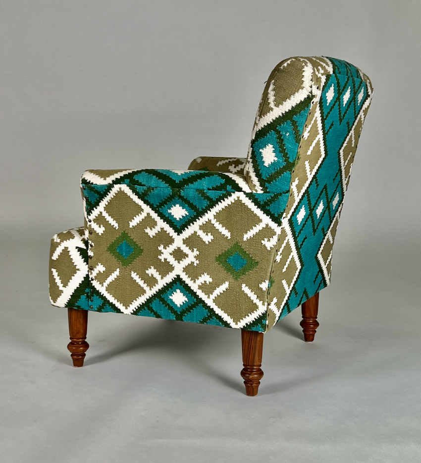 Teal, olive, white & black Kilim patterned chair with turned wood legs