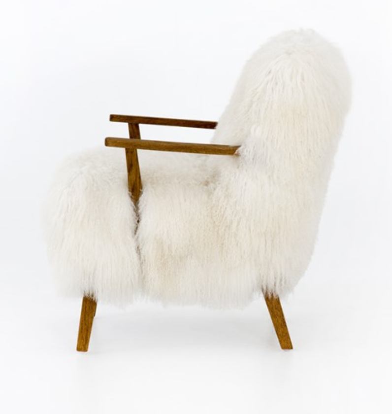 Cream Mongolian fur arm chair with drifted oak frame