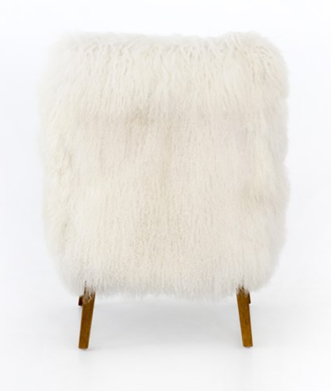 Cream Mongolian fur arm chair with drifted oak frame