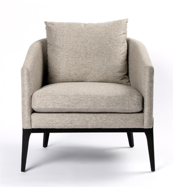 Light gray chair with subtle herringbone fabric, black frame