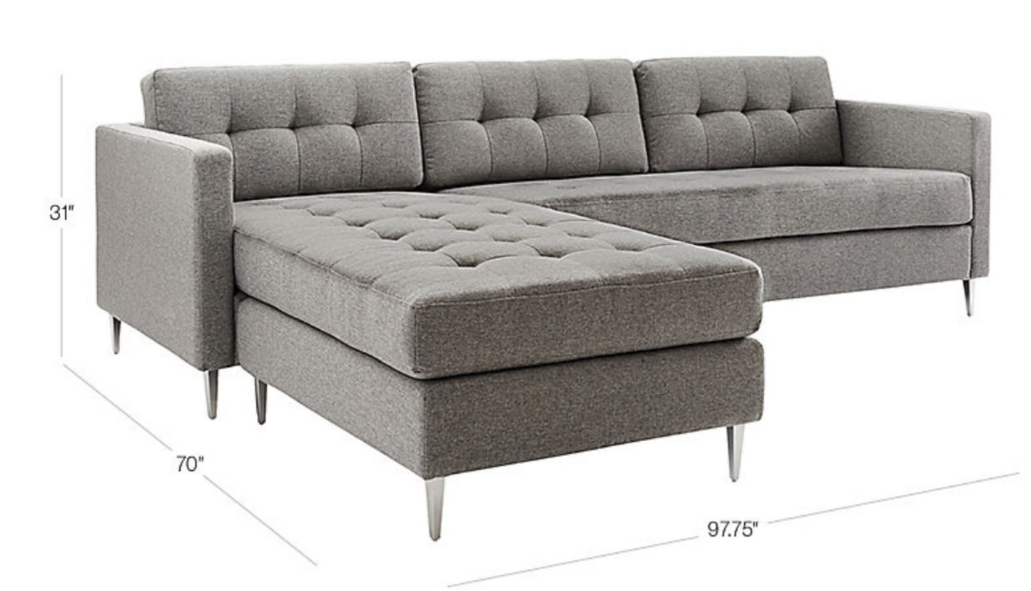 Light gray tweedy sectional sofa; LAF or RAF