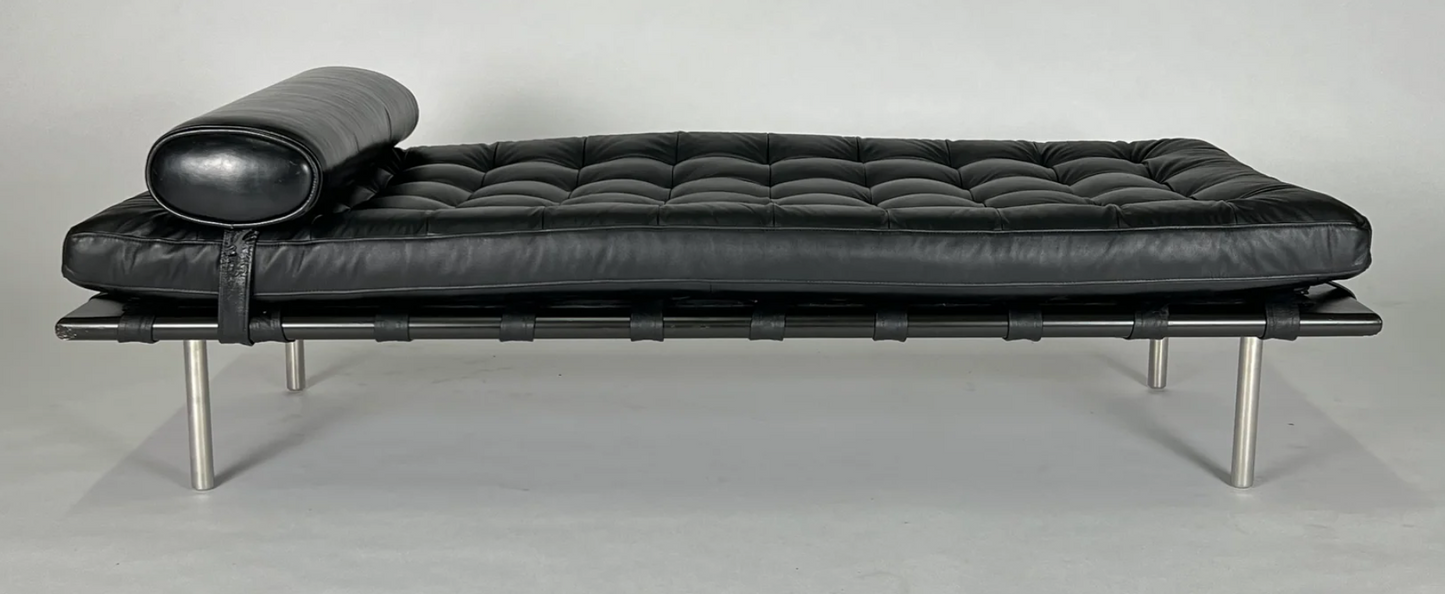 Black leather Eames style bench or chaise lounge, removable bolster