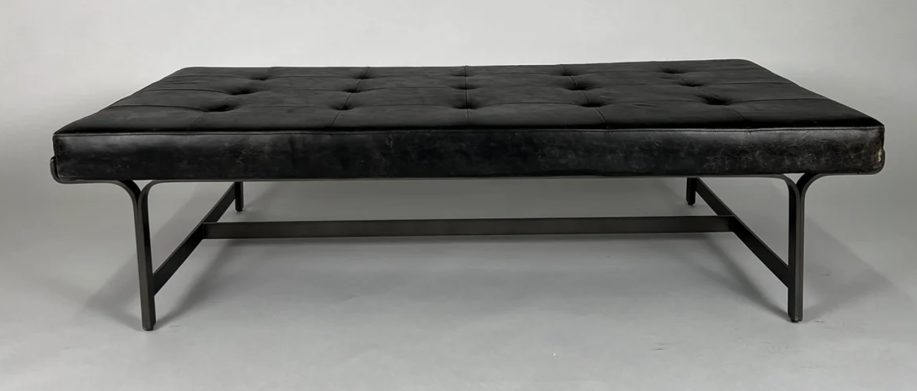 Black leather bench / coffee table with tufting and black metal legs