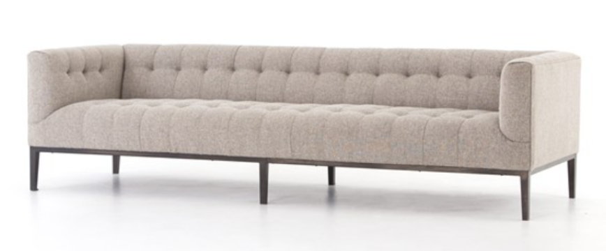 Honey wheat upholstered sofa, blind tufting, gunmetal toned legs