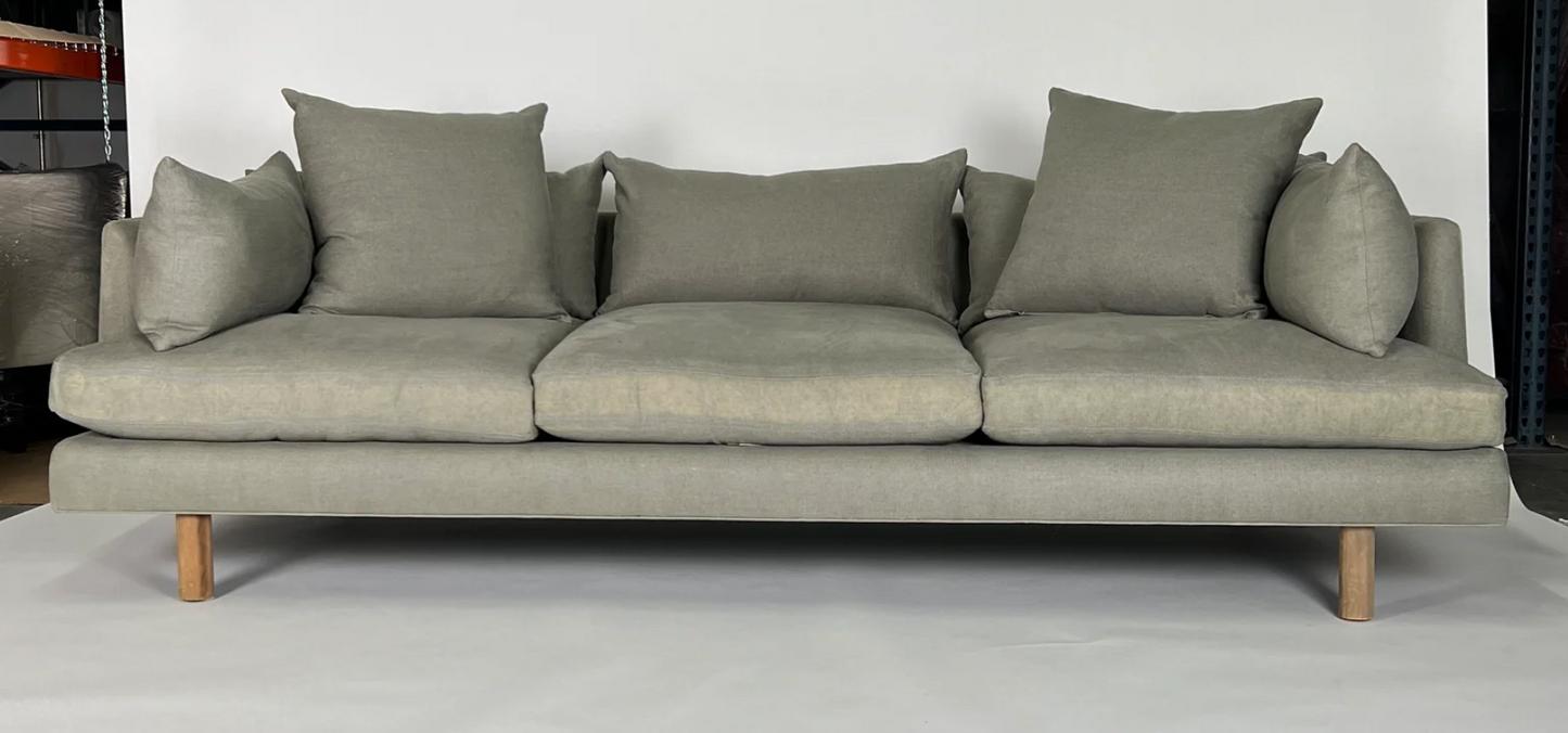 Sage linen sofa with deep seat and natural wooden legs