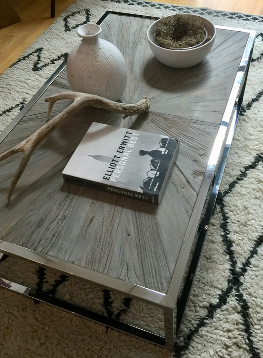 Driftwood top, chrome frame coffee table