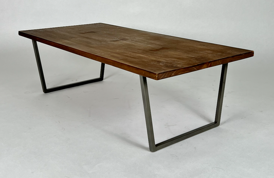 Brown wood top, angled U-shaped iron leg coffee table