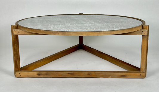 Round antique mirror top coffee table with triangular wood base