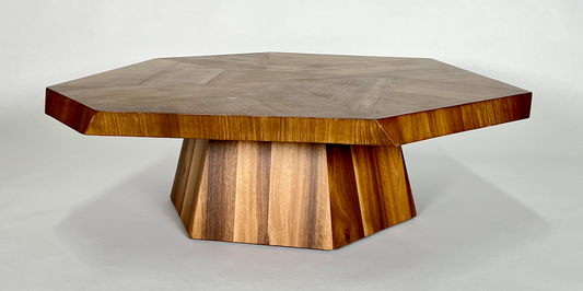 Asymmetric wood coffee table, a casual octagon