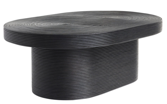 Black rattan racetrack shaped coffee table with concentric circles