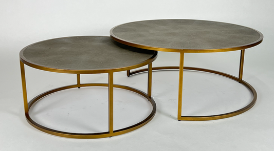 Shagreen and brass round nesting coffee tables