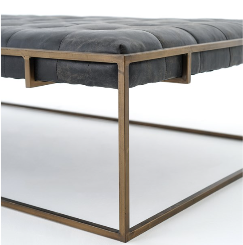 Leather blind tufted coffee table / bench with brass frame