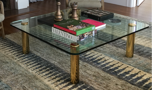 Glass and brass round edge square coffee table, vintage